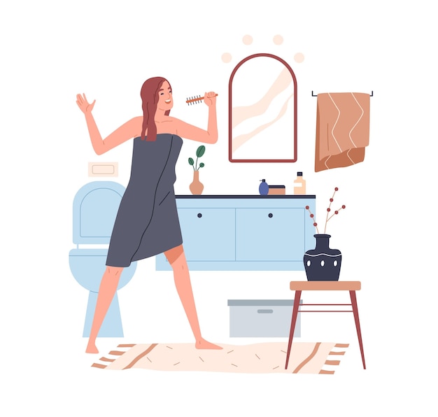 Vector mujer divertida feliz cantando con peine en la mano en el baño. mujer imaginando que el cepillo de pelo es un micrófono. persona divirtiéndose después de la ducha en casa. ilustración de vector plano aislado sobre fondo blanco.