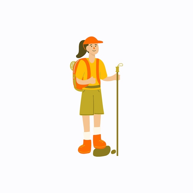 Mujer divertida con mochila y poste de seguimiento Ilustración de campamento de verano dibujada a mano