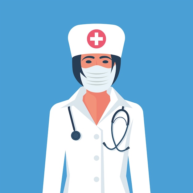 Mujer doctora con máscara protectora. Concepto de cuarentena. Hermosa enfermera con uniforme médico blanco con estetoscopio y máscara. Icono plano. Diseño de dibujos animados de ilustración vectorial. Medidas preventivas.