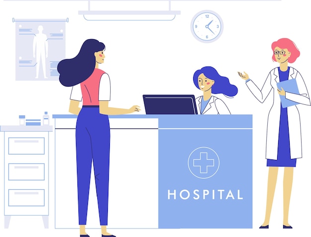 Mujer doctora y mujer paciente en la recepción del hospital