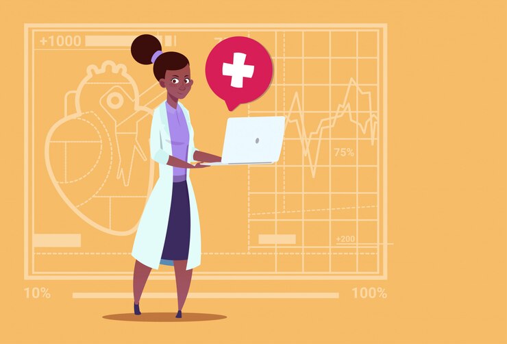 Vector mujer doctora ordenador portátil ordenador portátil consulta en línea clínicas médicas hospital de trabajadores afroamericanos