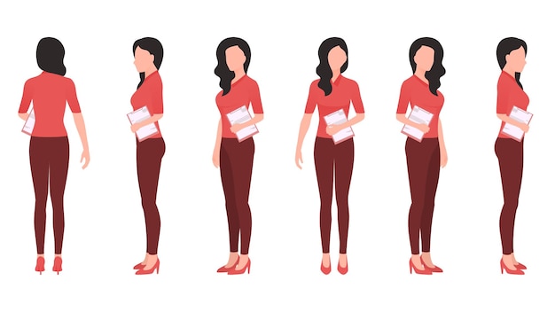 Mujer con documento de oficina ilustración de vector de carácter plano creada desde diferentes ángulos mujeres con documentos de oficina conjunto de vector de carácter plano