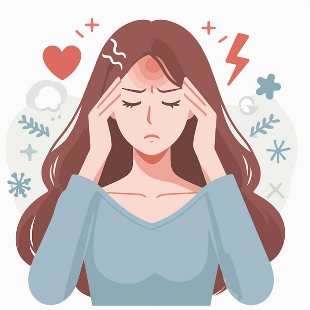 Una mujer con dolor de cabeza sosteniendo su cabeza con las palabras 