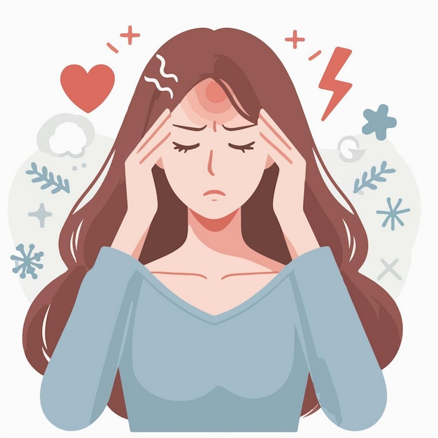 una mujer con dolor de cabeza sosteniendo su cabeza con las palabras "te quiero"