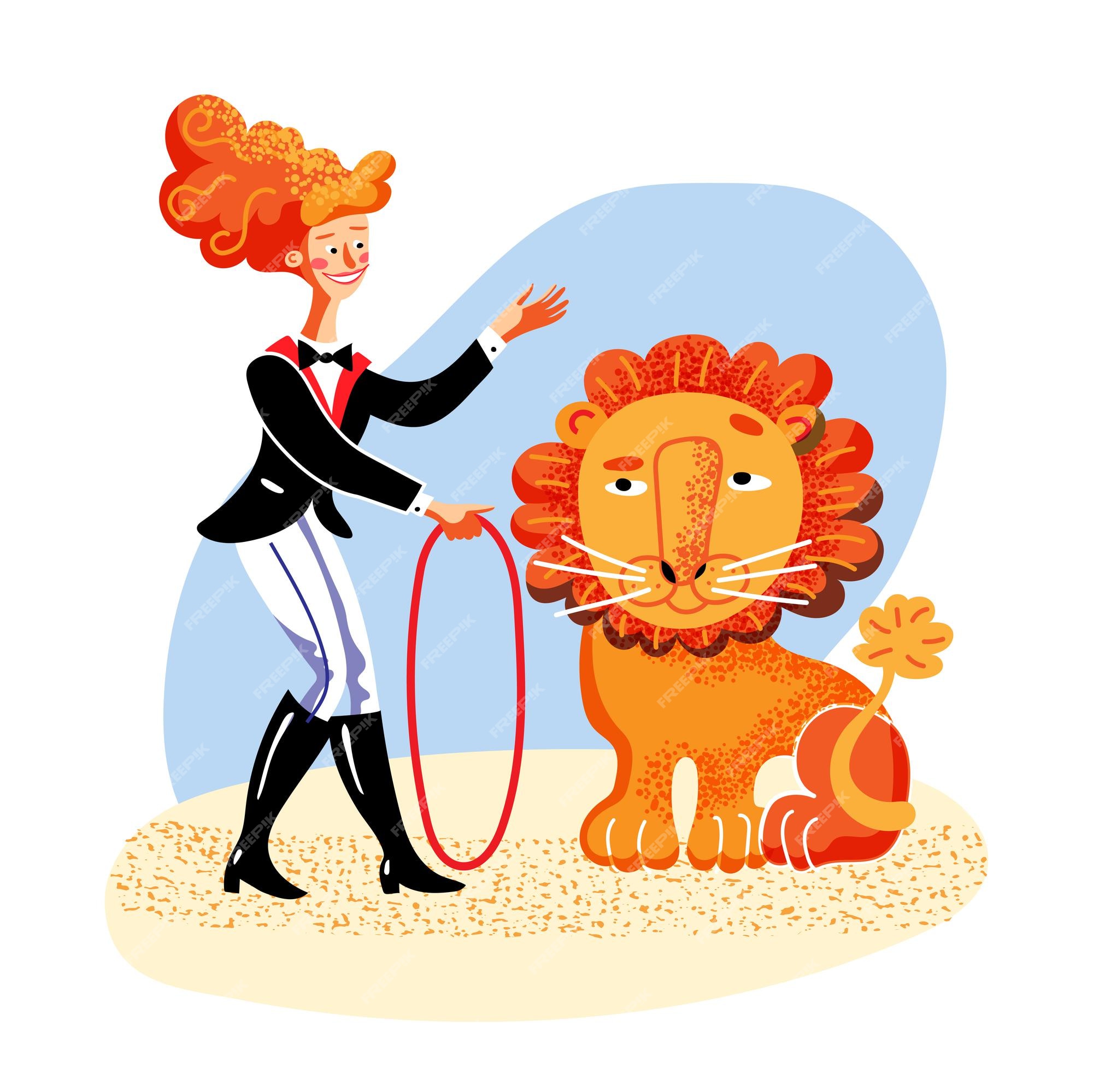 Mujer domadora de leones en traje de carnaval con personaje de dibujos  animados de látigo con actuación de circo de león | Vector Premium