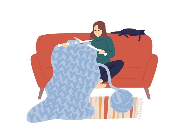 Mujer doméstica tejer sostener agujas de tejer y ovillo de hilo grueso vector ilustración plana. Una mujer creativa que disfruta de un pasatiempo hecho a mano se sienta en un cómodo sofá aislado en blanco. La dama alegre usa lana merino.