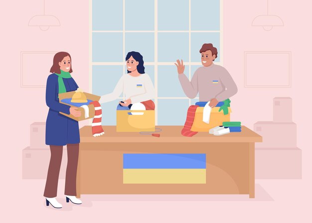 Mujer donando ropa a refugiados ucranianos ilustración de vector de color plano Recoger ayuda humanitaria Organización de caridad Voluntarios 2D personajes de dibujos animados simples con interior en el fondo
