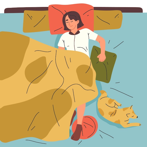 Vector mujer dormida en dibujos animados de cama descansando con lindo perro ilustración vectorial plana sobre fondo blanco