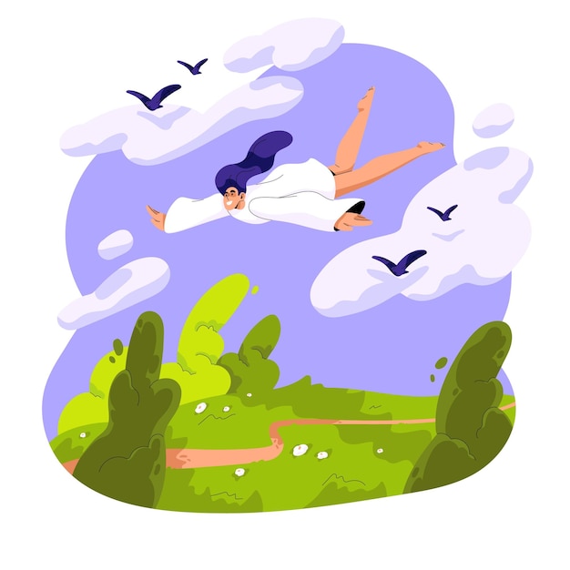 Mujer dormir y volar en el concepto de sueño Soñador en el cielo surrealista vuelo fantástico entre nubes durmientes imaginación chica en el mundo de fantasía Ilustración vectorial plana aislada sobre fondo blanco