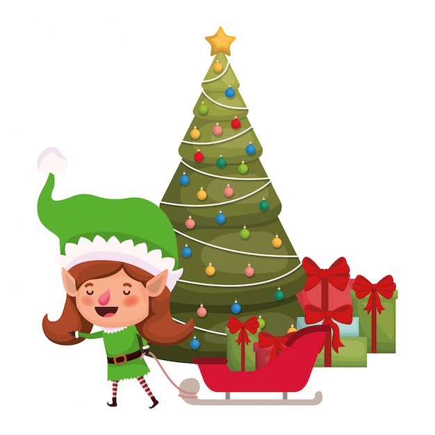 Vector mujer duende con renos y árbol de navidad