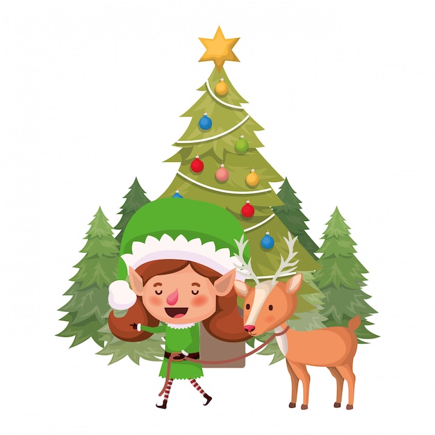 Mujer duende con renos y árbol de navidad