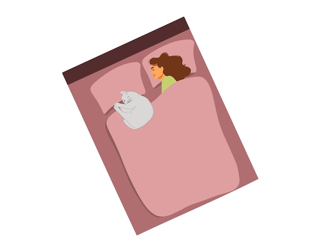 Una mujer duerme en una cama con un gato. Vista desde arriba. ilustración vectorial