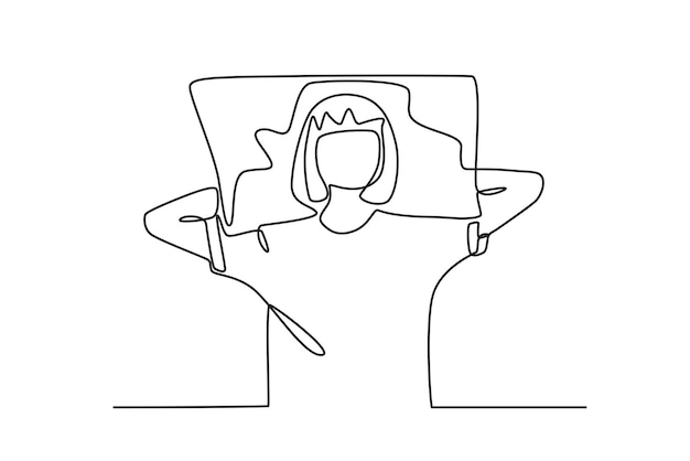 Una mujer duerme con las manos debajo de la almohada Dibujo en línea del Día Mundial del Sueño