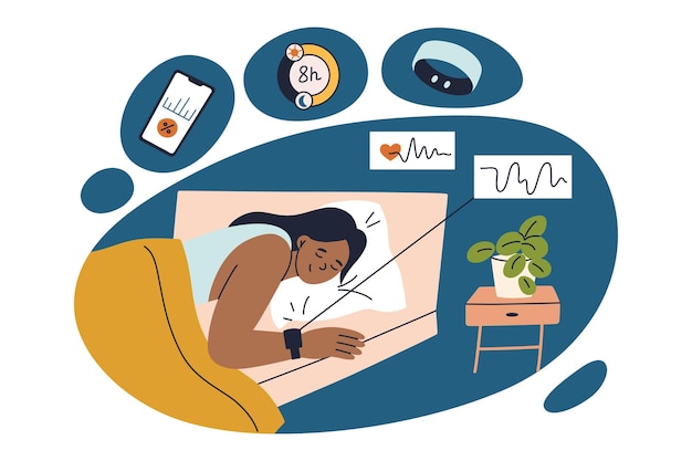 Mujer durmiendo en la cama con rastreador de fitness seguimiento del sueño ilustración vectorial análisis de ciclos de sueño concepto de estilo de vida saludable composición en estilo de dibujos animados plano artículos para la higiene del sueño