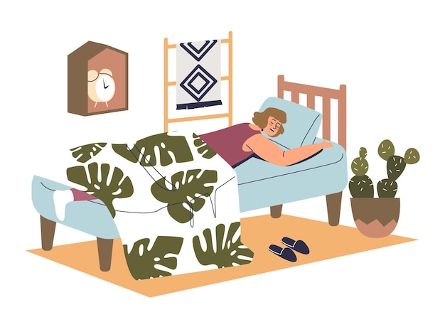Mujer durmiendo cómodamente acostado bajo una manta en la cama con colchón de confort. Hembra joven durmiendo o soñando despierto. Concepto de sueño saludable. Ilustración de vector plano de dibujos animados