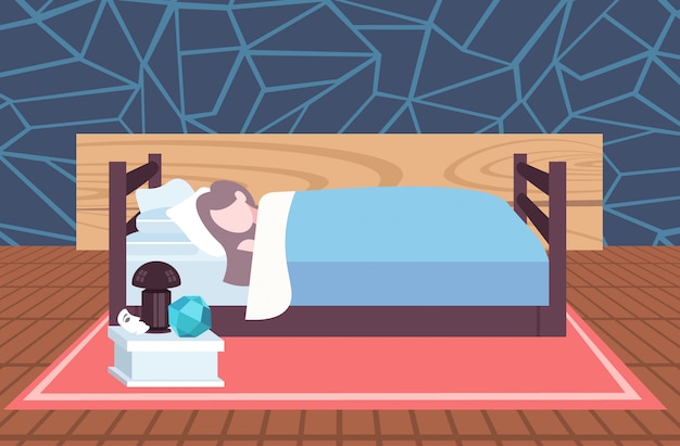 Mujer durmiendo joven acostada en la cama dormitorio moderno interior femenino personaje de dibujos animados horizontal de longitud completa