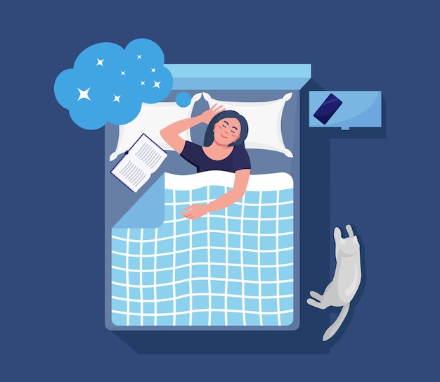 Mujer durmiendo de noche con libro y gato. La persona duerme en la cama sobre una almohada bajo el edredón. Sueño pacífico y relájese. Tiempo de descanso y relajación confortable. Dulces sueños, buena salud.