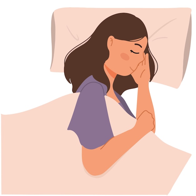 Vector mujer durmiendo pacíficamente con una ilustración de almohada y manta