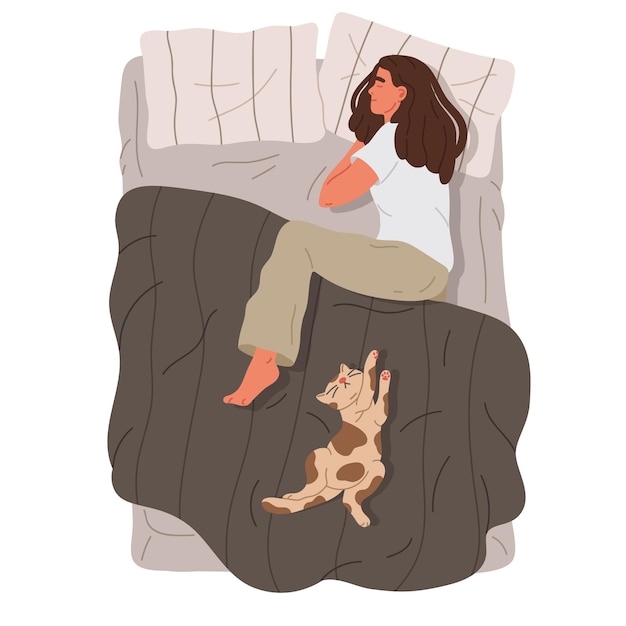 Mujer durmiente Personaje femenino descansando en la cama con una linda gatita y su mascota relajándose bajo una manta Ilustración vectorial plana de persona durmiente dibujada a mano