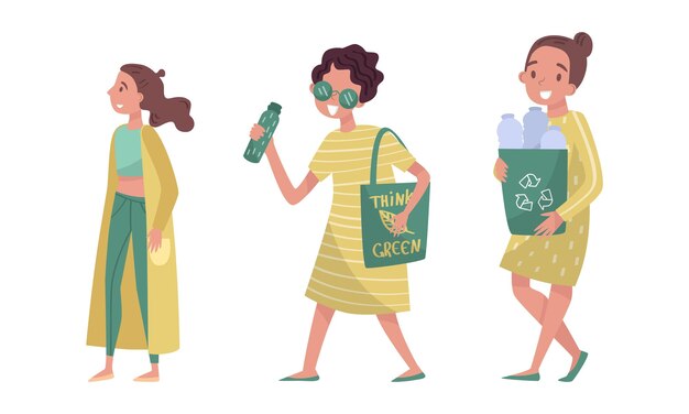 Mujer ecológica llevando una bolsa de compras reutilizable y botellas de plástico recogidas para el vector de reciclaje