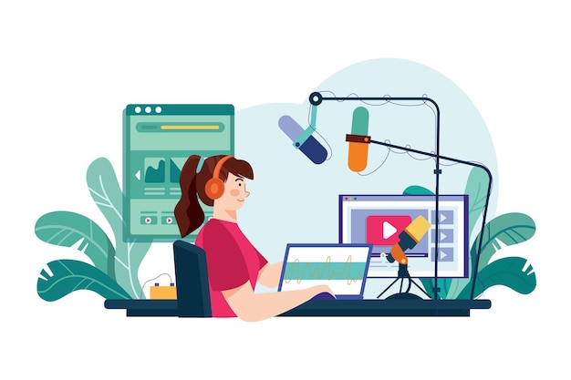 Mujer editando podcast en el estudio Concepto de ilustración Ilustración plana aislada sobre fondo blanco
