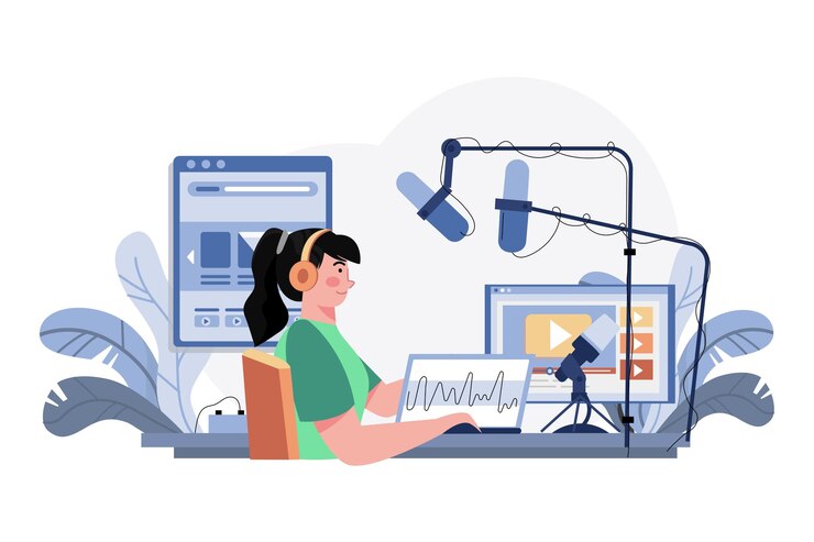 Vector mujer editando podcast en el estudio
