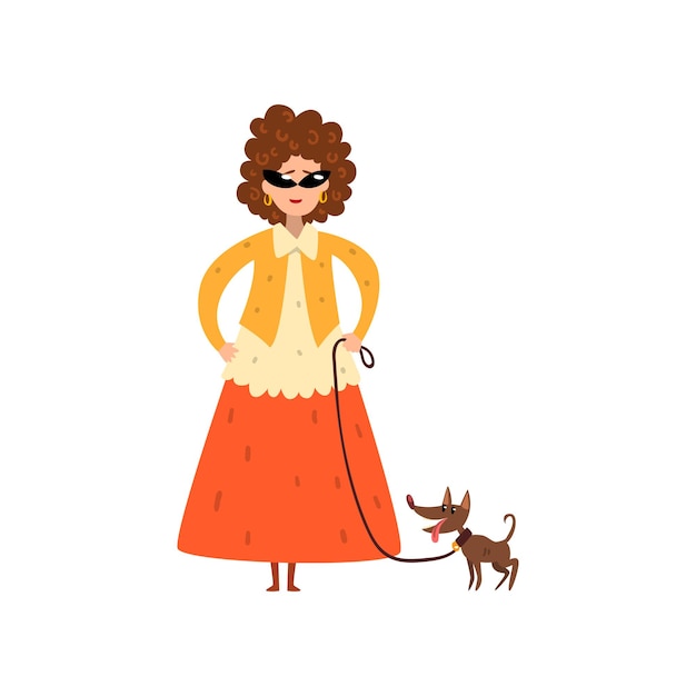 Mujer elegante caminando con su pequeño perro mascota vector ilustración aislada en un fondo blanco