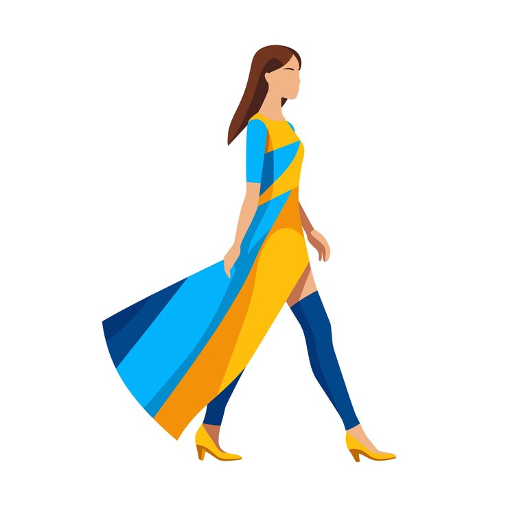 Mujer elegante caminando con vestido azul amarillo Confidente modelo de moda femenina paso estilo elegancia