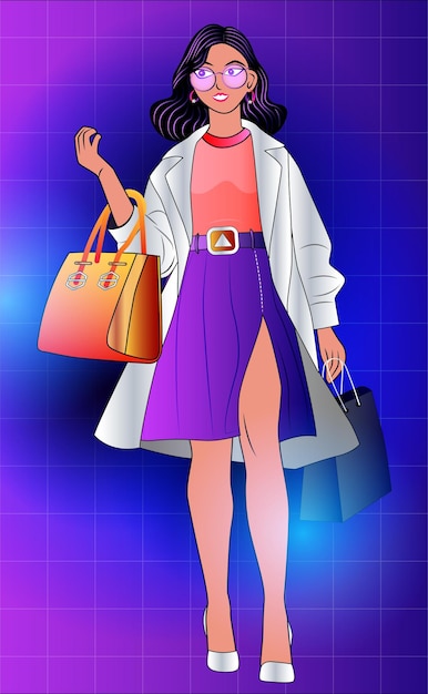 Mujer elegante comprando con bolsas de moda contra un fondo abstracto y colorido