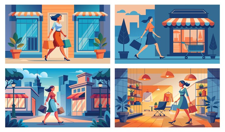 Vector mujer elegante disfrutando de compras en varios lugares de la ciudad conjunto de ilustraciones vectoriales
