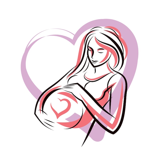 Mujer elegante embarazada espera bebé, ilustración vectorial dibujada a mano compuesta por un marco en forma de corazón. Tema de amor y caricias. Día de la Madre.
