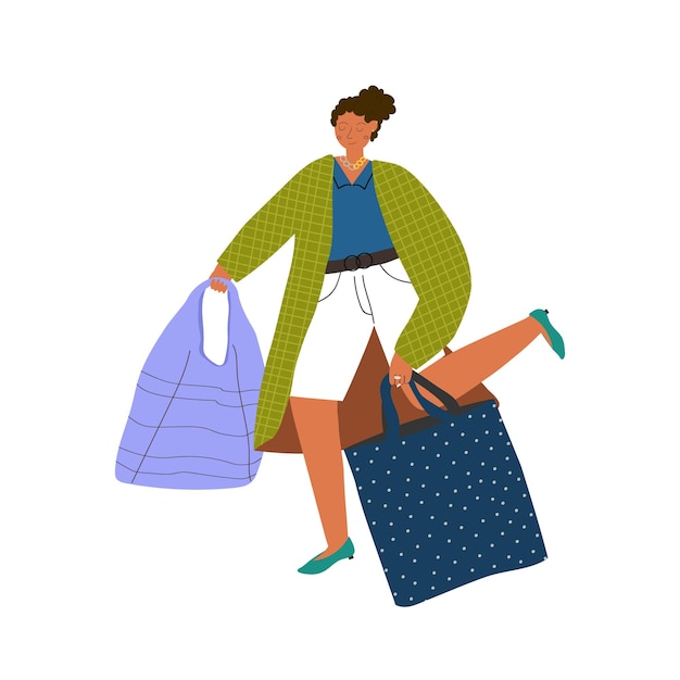 Vector mujer elegante y feliz disfruta de las compras ella lleva bolsas de compras y corre para conseguir las últimas ofertas