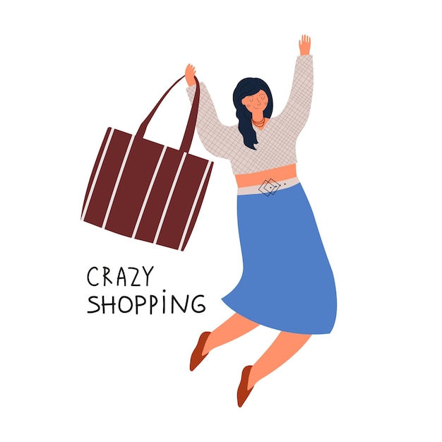Vector mujer elegante y feliz disfruta de las compras ella sostiene la bolsa de compras y salta