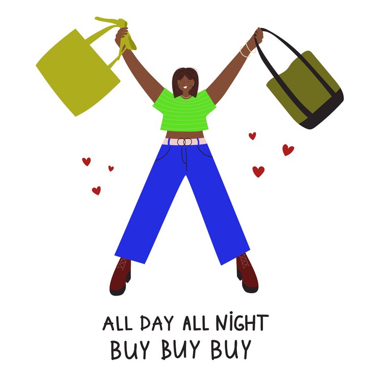 Vector mujer elegante y feliz disfruta de las compras ella sostiene bolsas de compras y sonríe