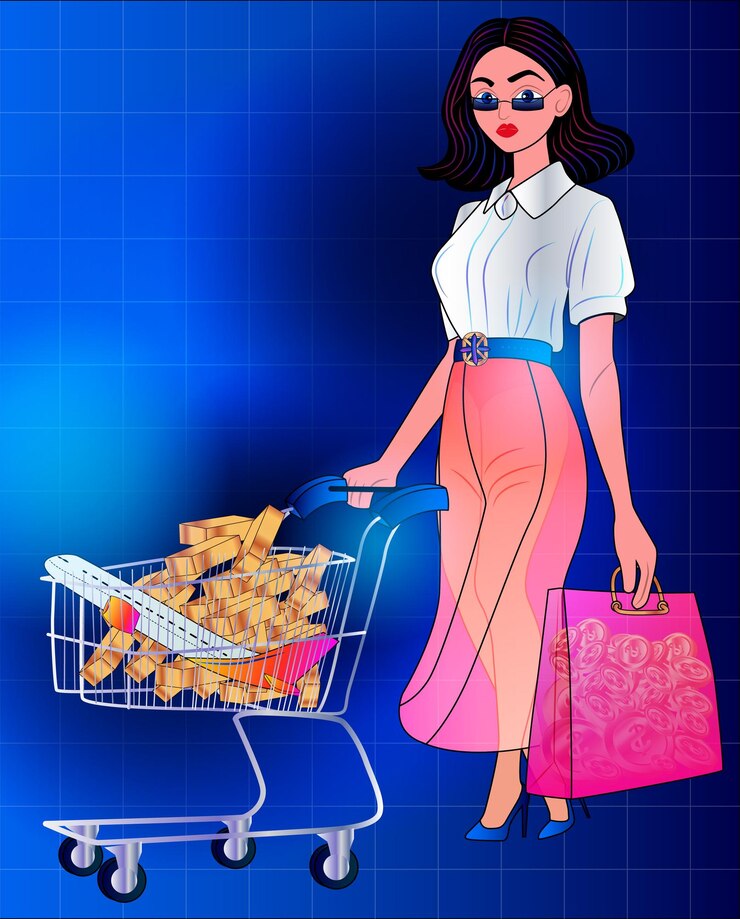 Vector mujer elegante haciendo compras con carrito y bolsa en un fondo vibrante