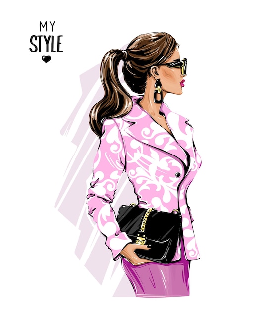 Mujer elegante y hermosa con una bolsa Ilustración vectorial