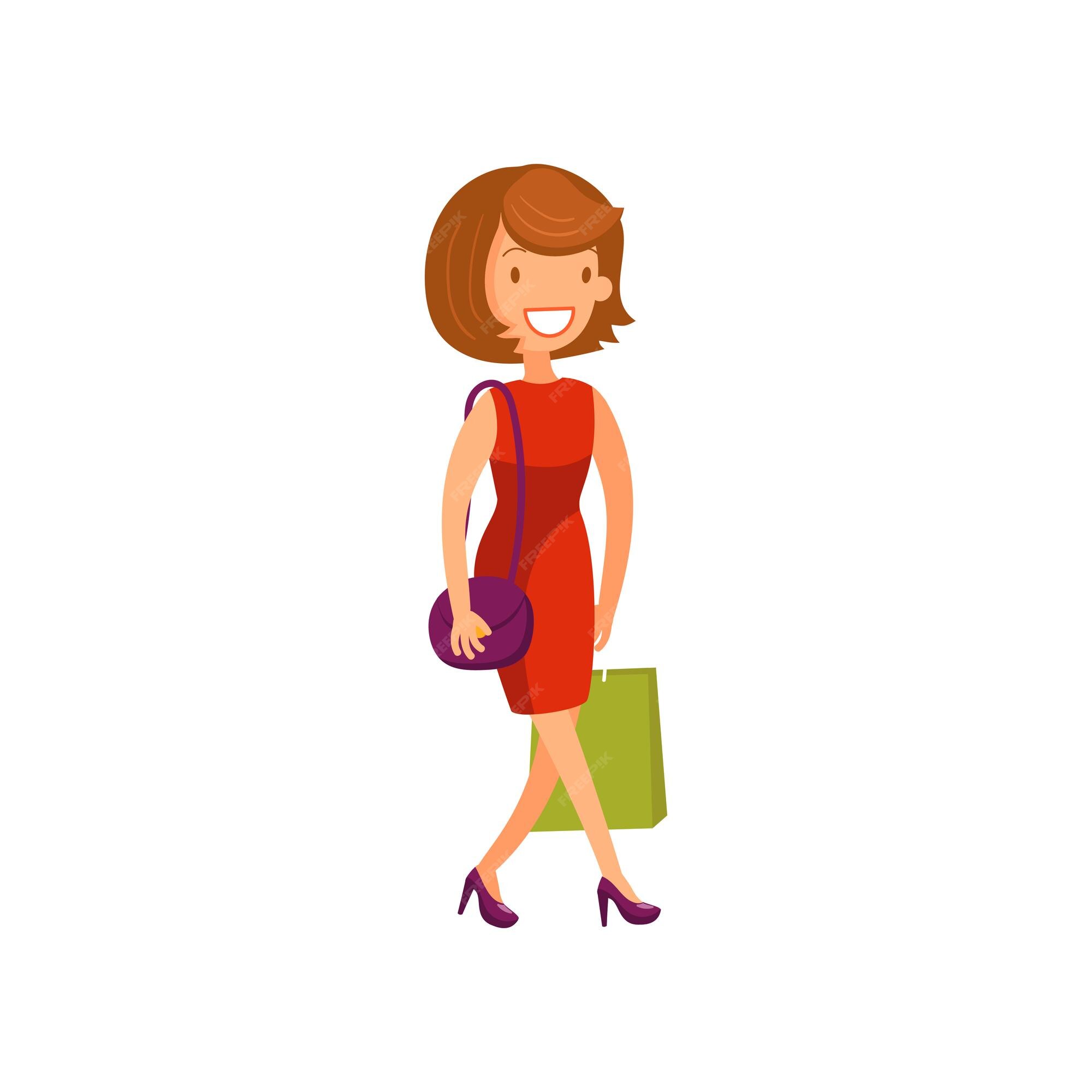 Mujer elegante joven en vestido rojo caminando con bolsas de compras ilustración vectorial de dibujos animados aislado en un fondo blanco | Vector Premium Mujer elegante joven en vestido rojo caminando con bolsas de compras ilustración vectorial de dibujos animados aislado en un fondo blanco | Vector Premium
