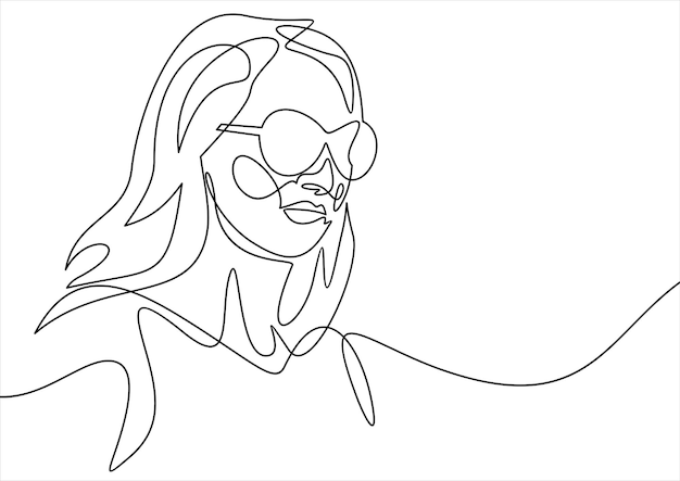 Vector una mujer elegante de línea continua con gafas de sol.