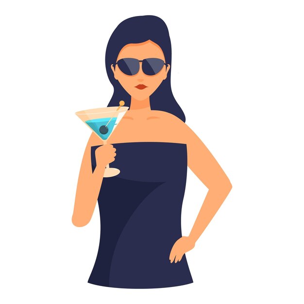Mujer elegante sosteniendo un vaso de cóctel azul en una fiesta