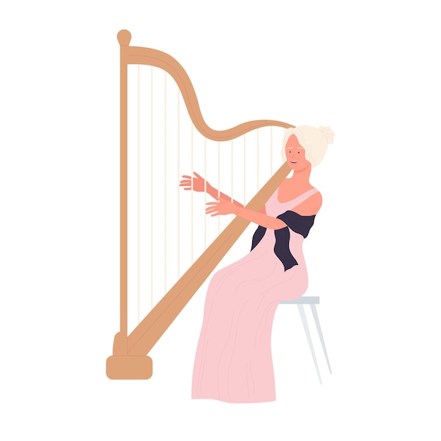 Mujer elegante tocando un instrumento de arpa jugador de música arpista ilustración vectorial de dibujos animados