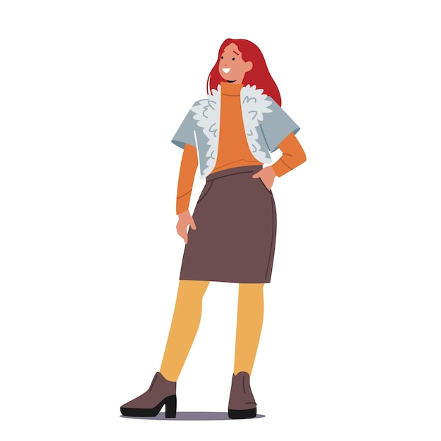 Vector mujer elegante con trajes de moda chaqueta cálida con cuello de piel, suéter y falda con medias de lana o zapatos de tacón. personaje femenino joven en ropa casual de otoño moderno. ilustración vectorial de dibujos animados