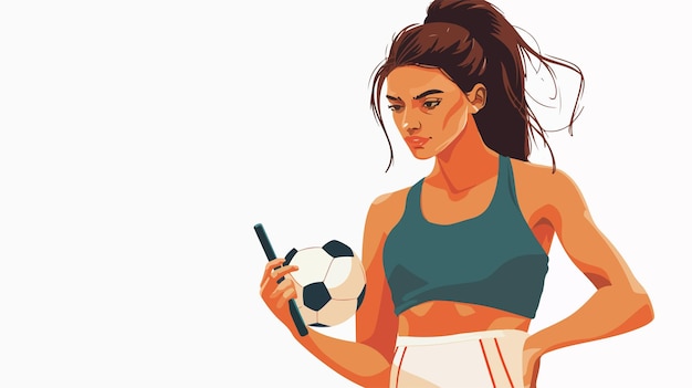 Mujer elegante usando una tableta y sosteniendo una pelota sobre un fondo blanco