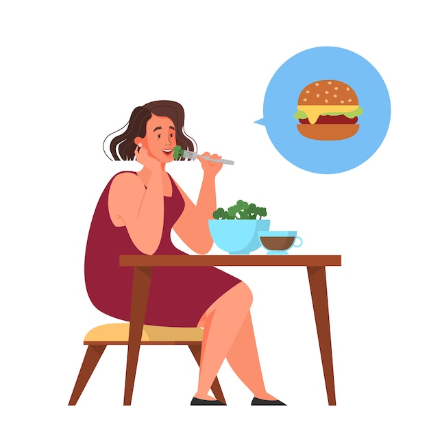 La mujer elige entre comida sana y comida chatarra. control de calorías y concepto de dieta. idea de adelgazamiento. ilustración