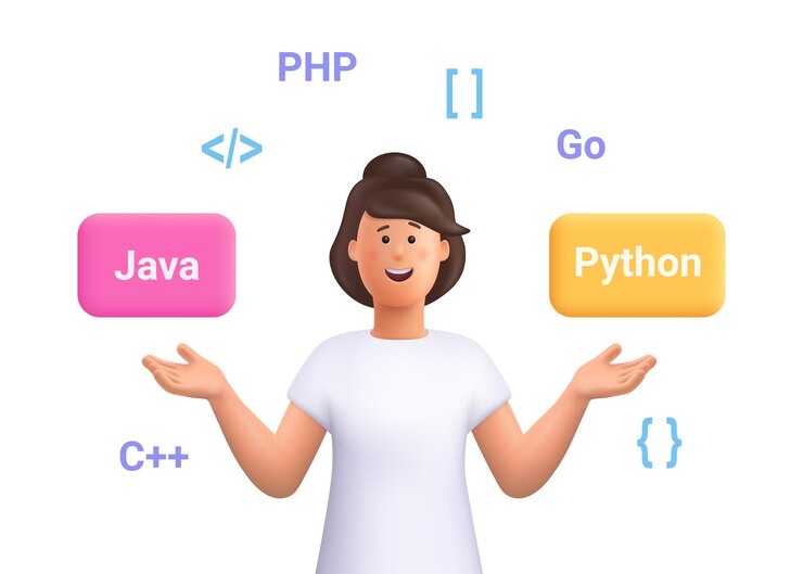 Vector mujer elige lenguaje de programación 3d personas vectoriales ilustración de personajes estilo minimalista de dibujos animados