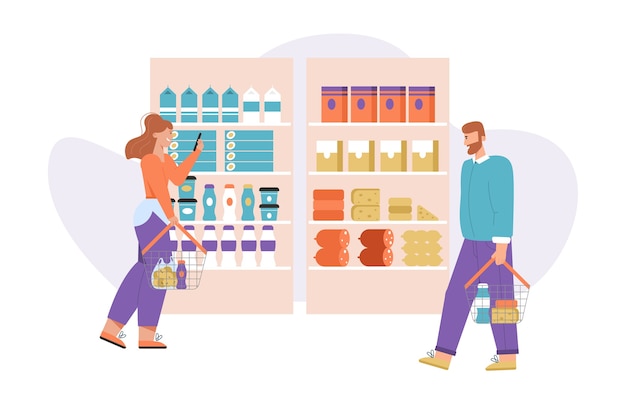 Mujer elige productos. Hombre con cesta camina en la tienda cerca de estantes con surtido de productos