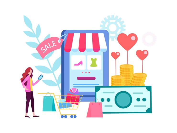 Vector la mujer elige regalos en la tienda en línea de compras en línea el día de san valentín