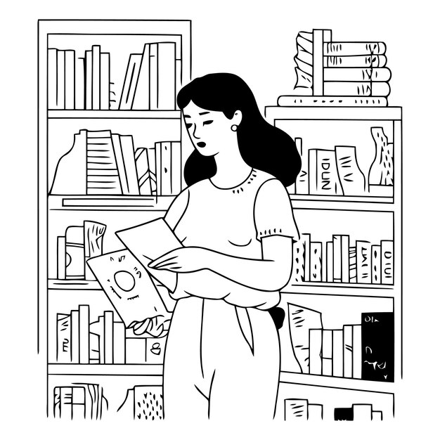 Vector mujer eligiendo libros en la biblioteca en estilo doodle