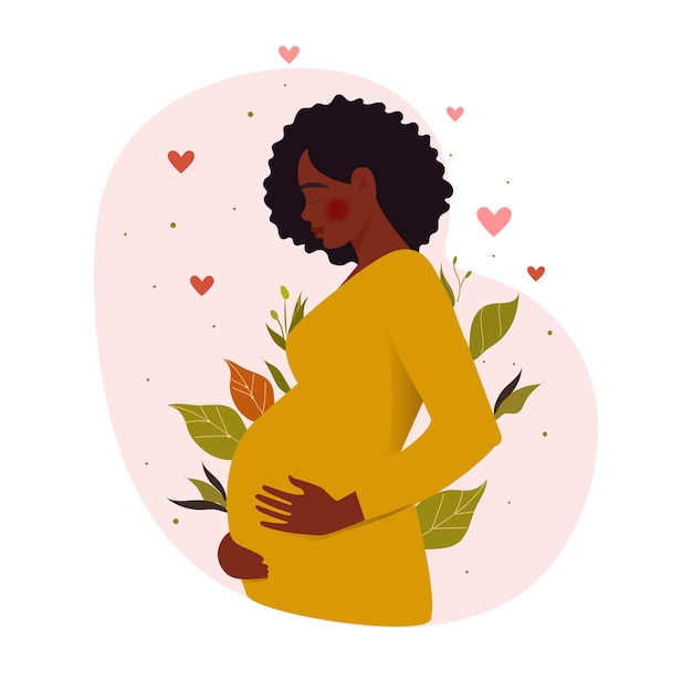 Mujer embarazada afroamericana sostiene su vientre. hermosas hojas decoradas. hermosas hojas decoradas