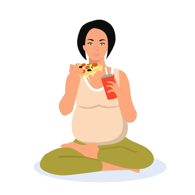 Mujer embarazada comiendo pizza de comida rápida y cola, ilustración de vector de concepto de maternidad