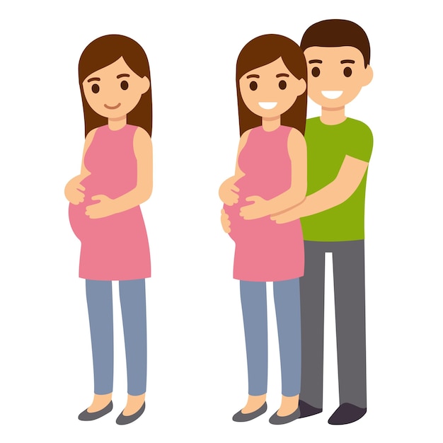 Mujer embarazada de dibujos animados y pareja esperando. Ilustración de vector de personaje lindo.